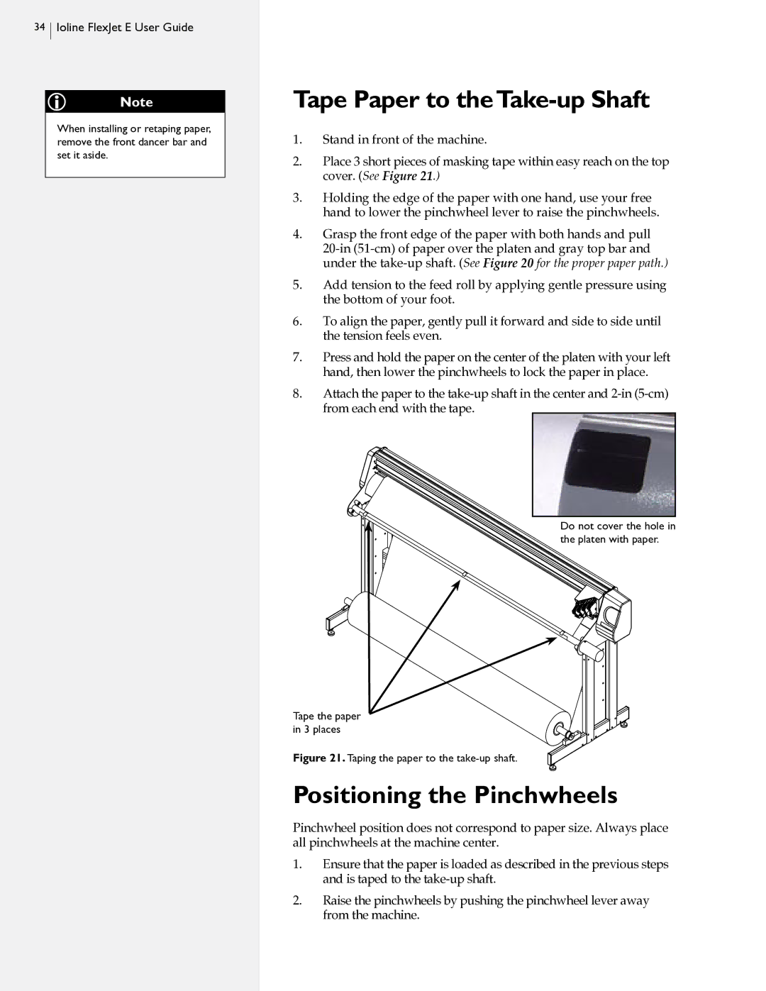 HP FlexJet E, StudioJet manual Tape Paper to theTake-up Shaft, Positioning the Pinchwheels 