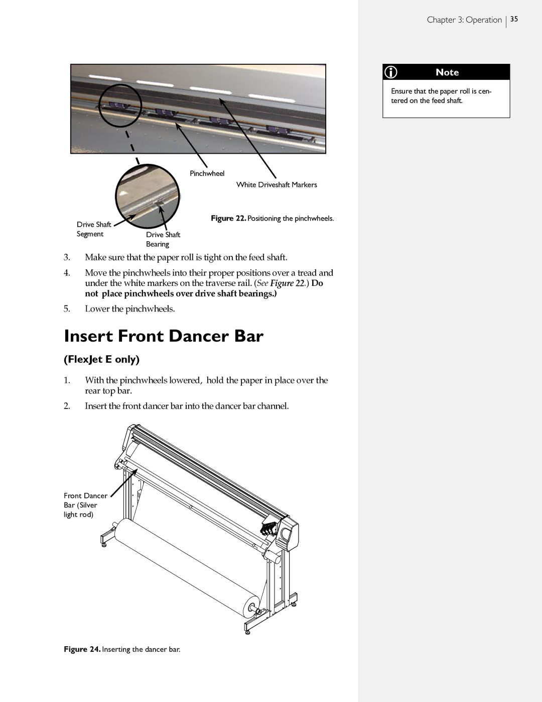 HP StudioJet, FlexJet E manual Insert Front Dancer Bar, Positioning the pinchwheels 