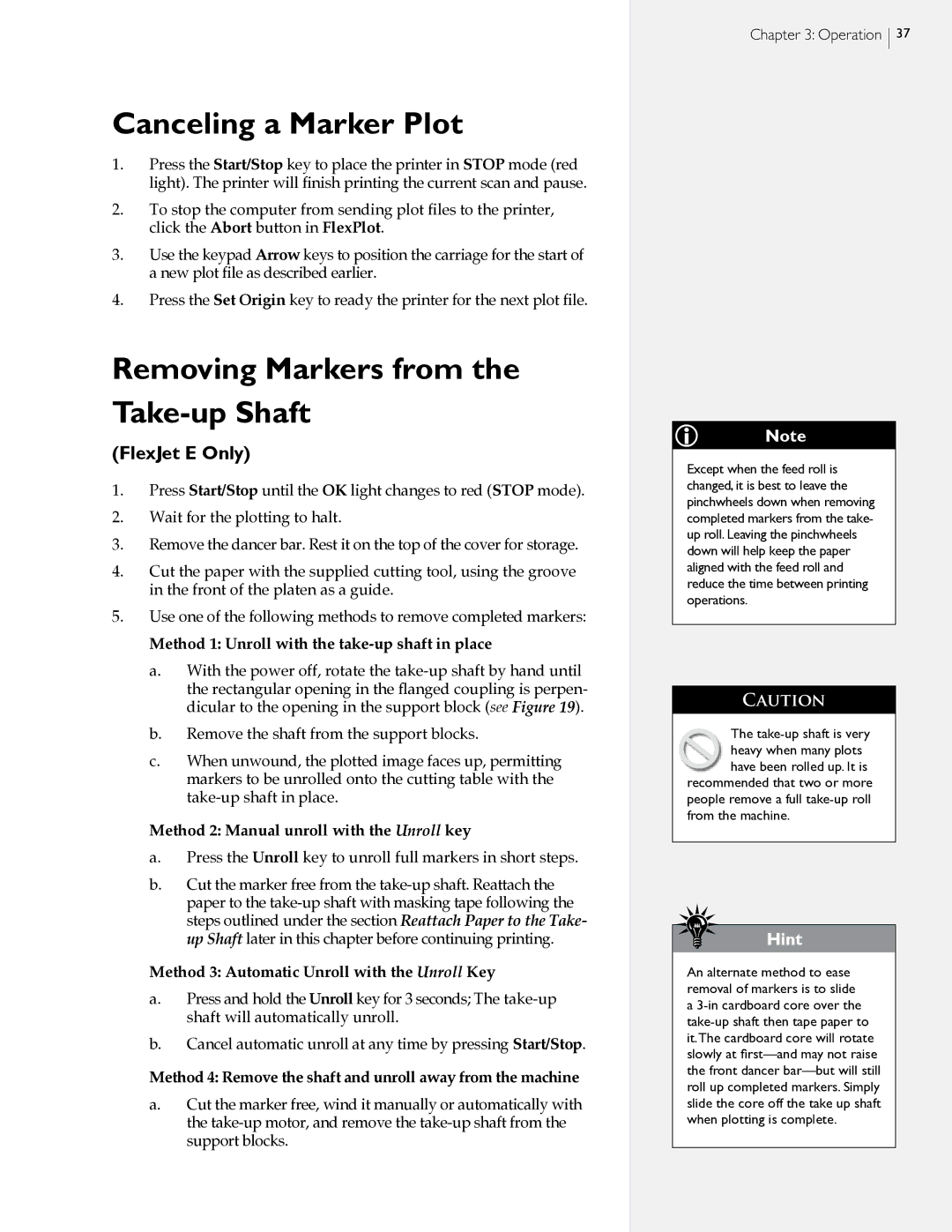 HP StudioJet, FlexJet E manual Canceling a Marker Plot, Removing Markers from the Take-up Shaft 