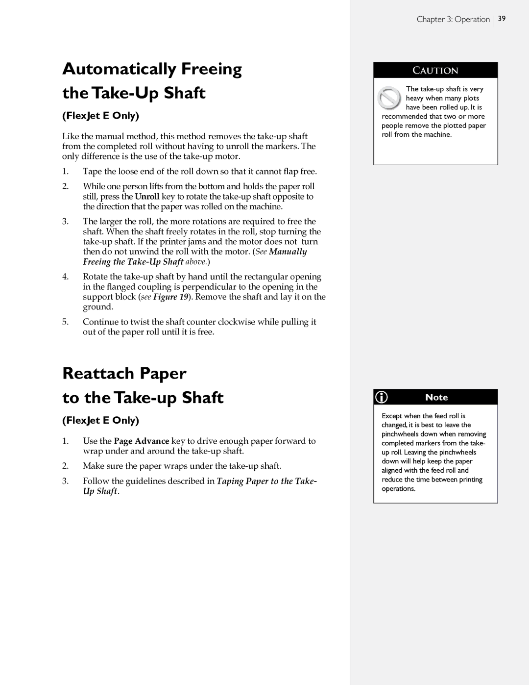 HP StudioJet, FlexJet E manual Automatically Freeing the Take-Up Shaft, Reattach Paper To the Take-up Shaft 