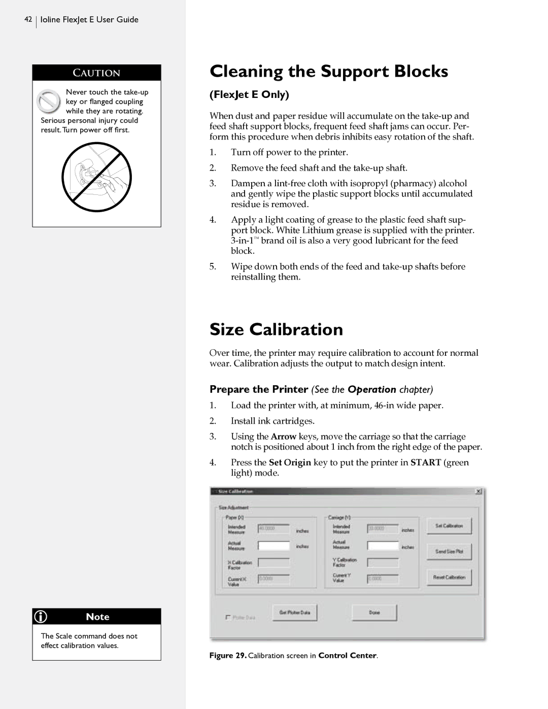 HP FlexJet E, StudioJet manual Cleaning the Support Blocks, Size Calibration, Prepare the Printer See the Operation chapter 