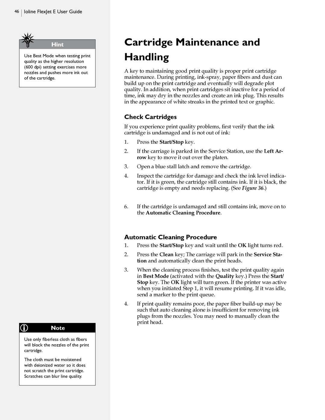 HP FlexJet E, StudioJet manual Cartridge Maintenance and Handling, Check Cartridges, Automatic Cleaning Procedure 