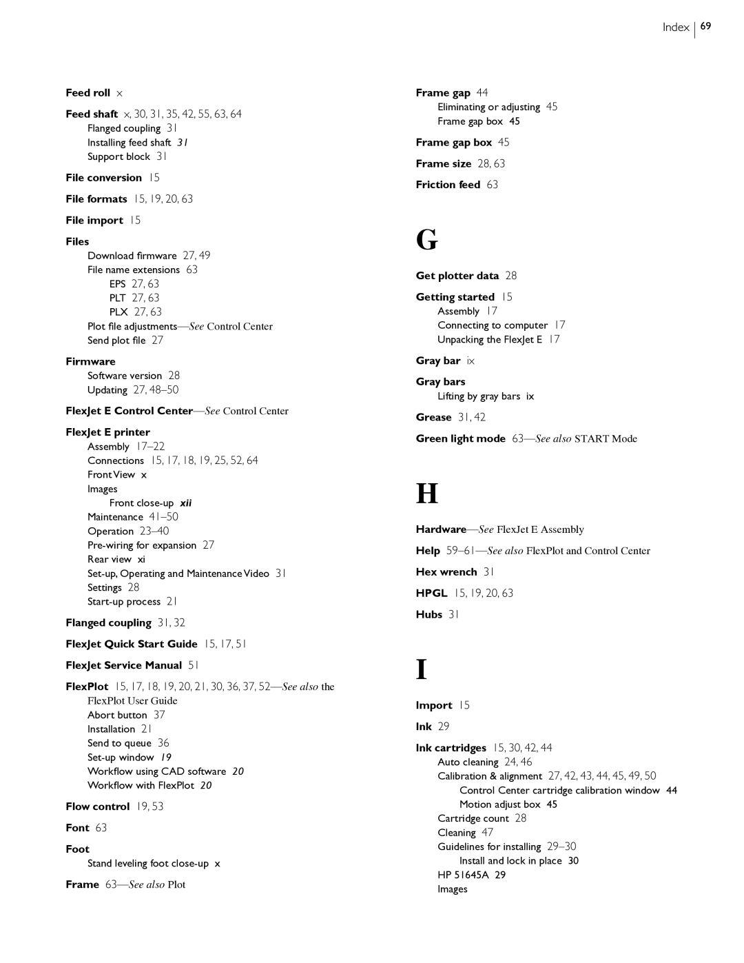 HP StudioJet Feed shaft x, 30, 31, 35, 42, 55, 63, File formats 15, 19, 20, EPS 27 PLT 27 PLX 27, Index, Hpgl 15, 19, 20 