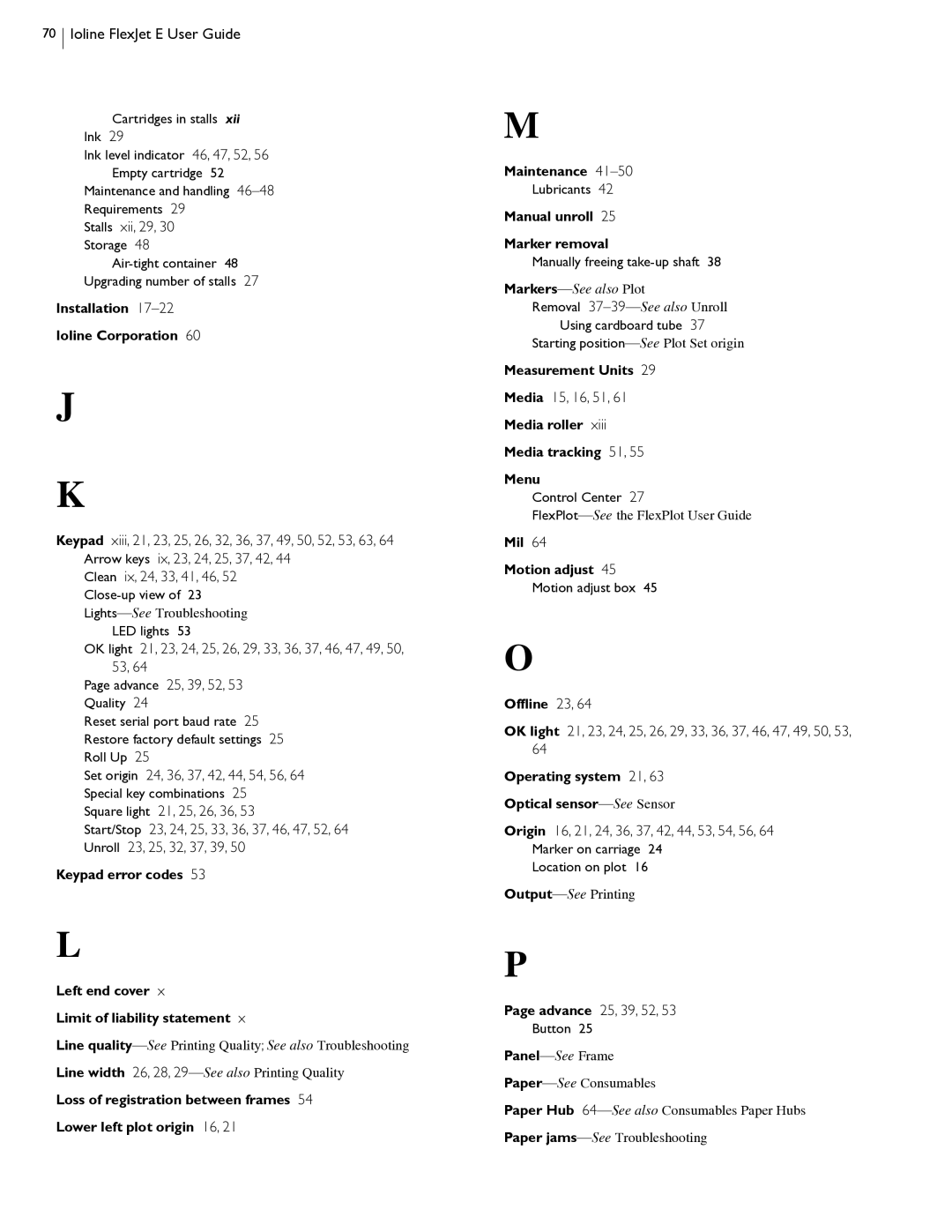 HP FlexJet E, StudioJet manual Stalls xii, 29, Set origin 24, 36, 37, 42, 44, 54, 56, Media 15, 16, 51 