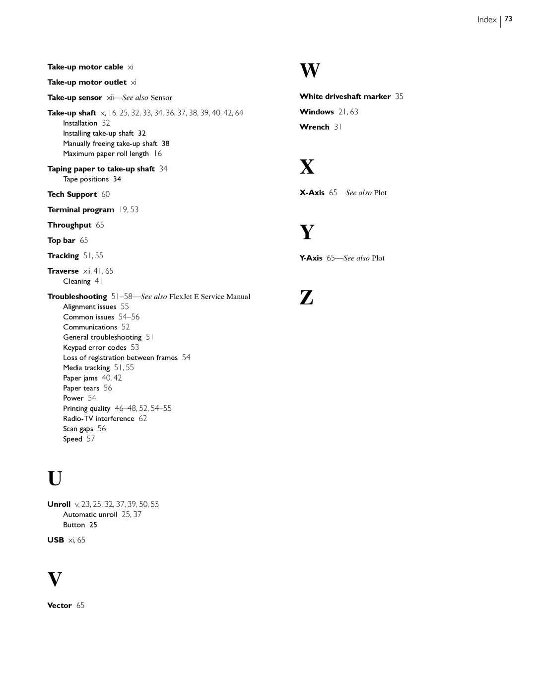 HP StudioJet, FlexJet E manual Traverse xii, 41, Unroll v, 23, 25, 32, 37, 39, 50, USB xi Index 