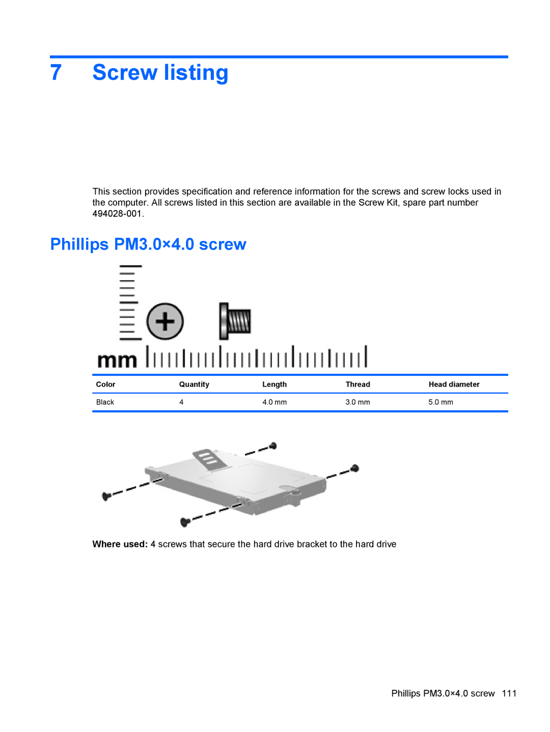 HP FN037UAABA, FN038UAABA manual Screw listing, Phillips PM3.0×4.0 screw, Color Quantity Length Thread Head diameter Black 