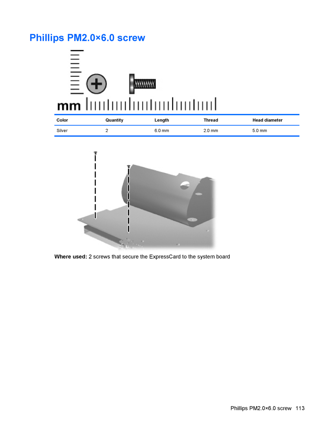 HP FN037UAABA, FN038UAABA manual Phillips PM2.0×6.0 screw, Color Quantity Length Thread Head diameter Silver 