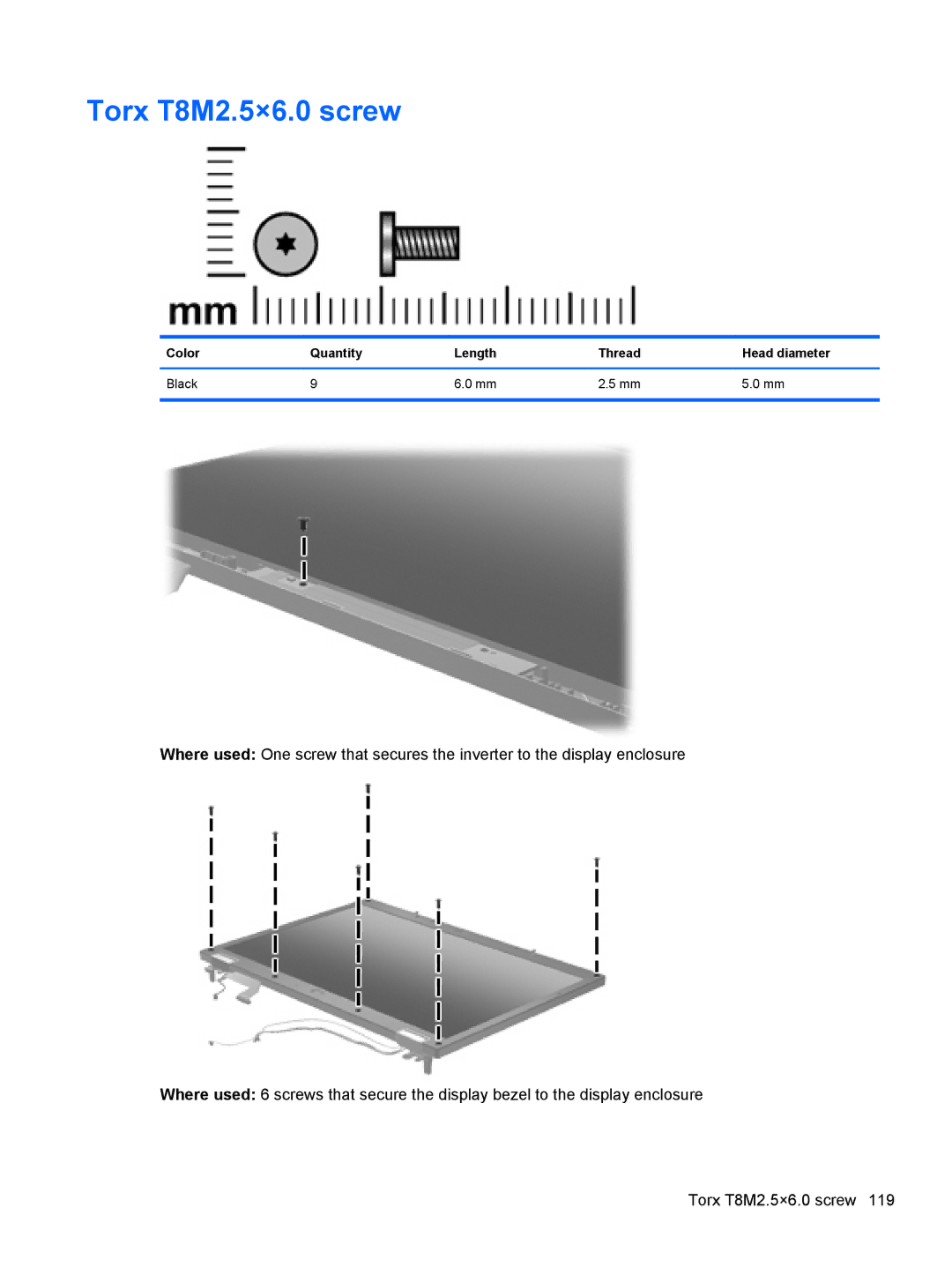 HP FN037UAABA, FN038UAABA manual Torx T8M2.5×6.0 screw, Color Quantity Length Thread Head diameter Black 