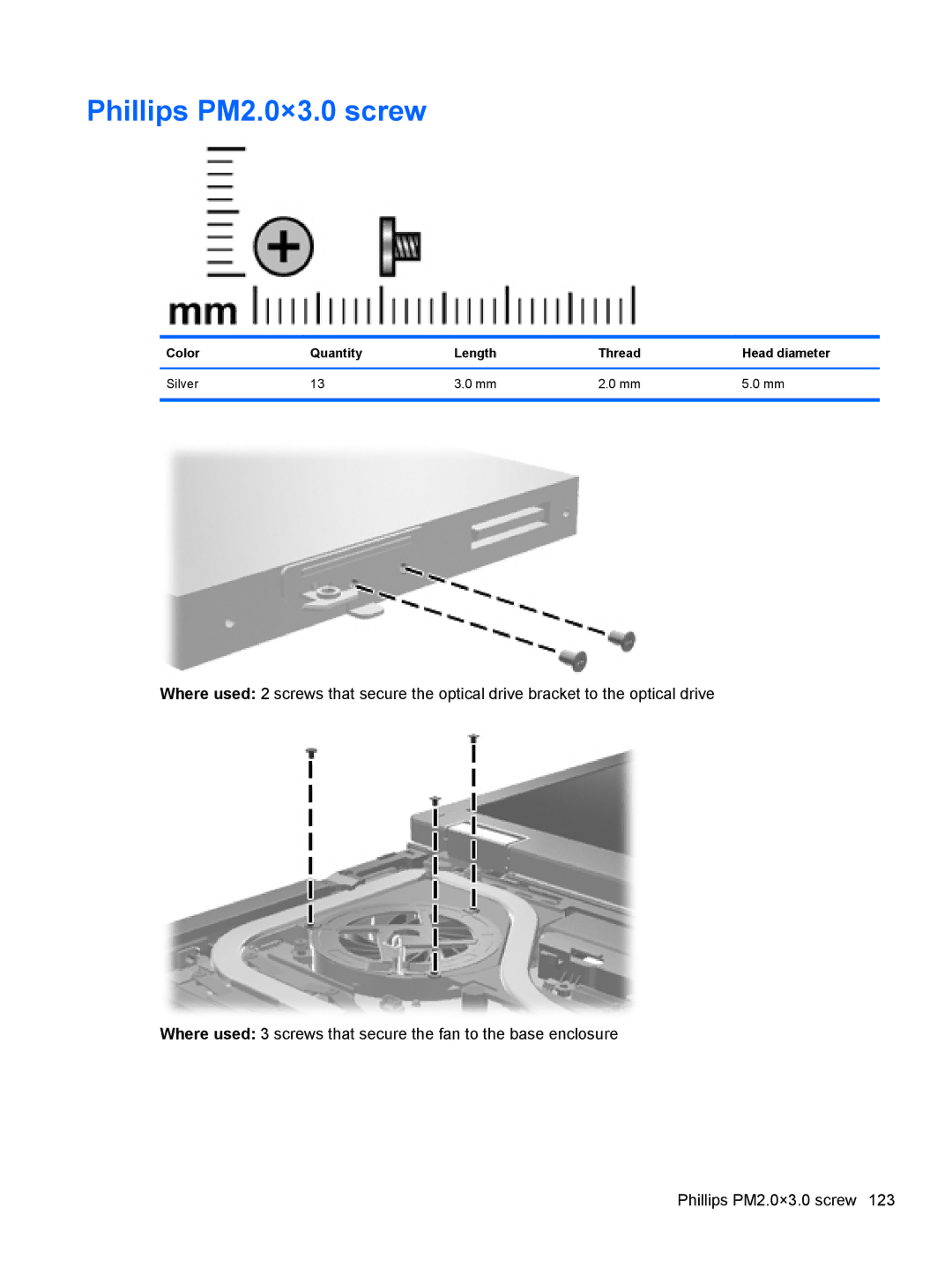 HP FN037UAABA, FN038UAABA manual Phillips PM2.0×3.0 screw, Color Quantity Length Thread Head diameter Silver 