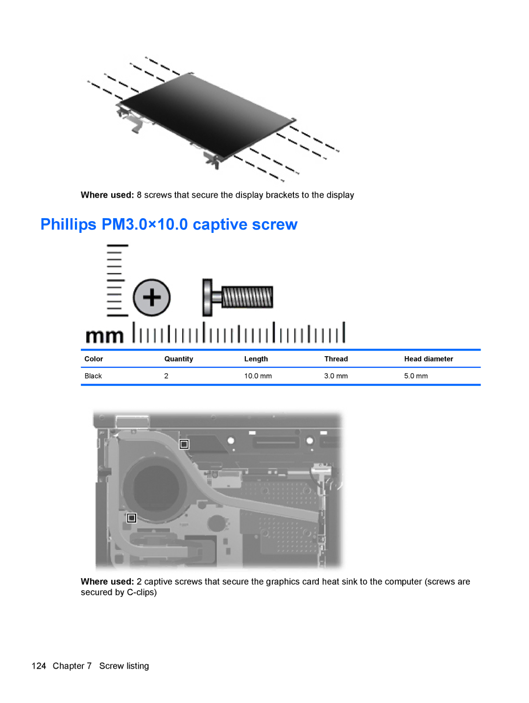 HP FN038UAABA, FN037UAABA manual Phillips PM3.0×10.0 captive screw, Color Quantity Length Thread Head diameter Black 10.0 mm 