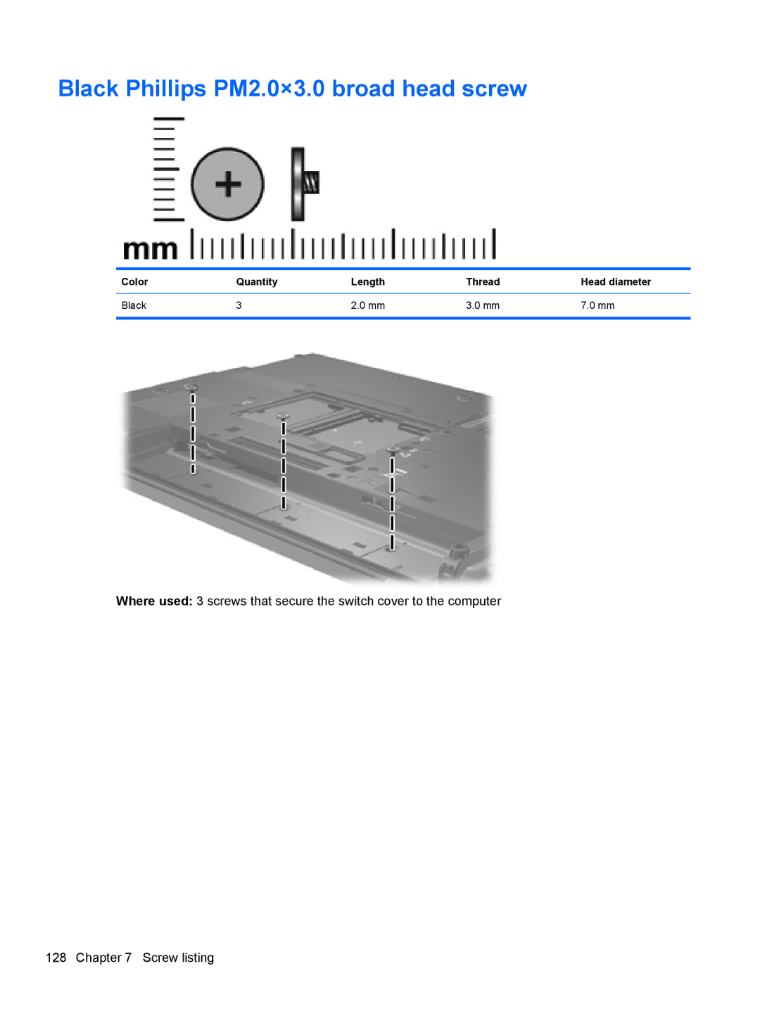 HP FN038UAABA, FN037UAABA manual Black Phillips PM2.0×3.0 broad head screw 