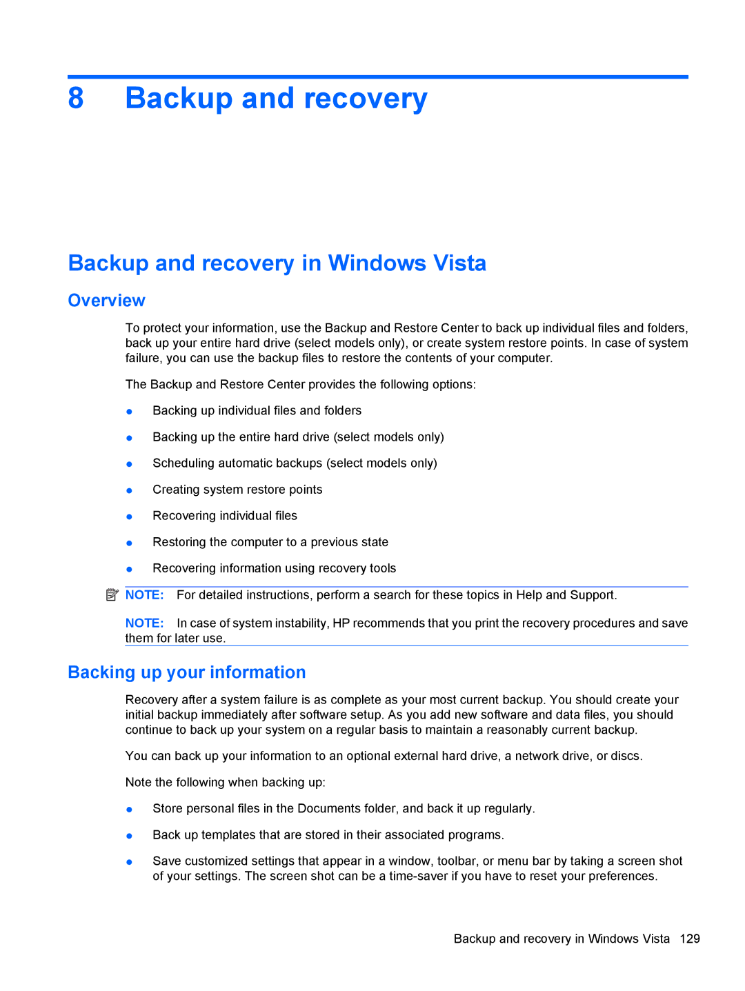 HP FN037UAABA, FN038UAABA manual Backup and recovery in Windows Vista, Overview, Backing up your information 