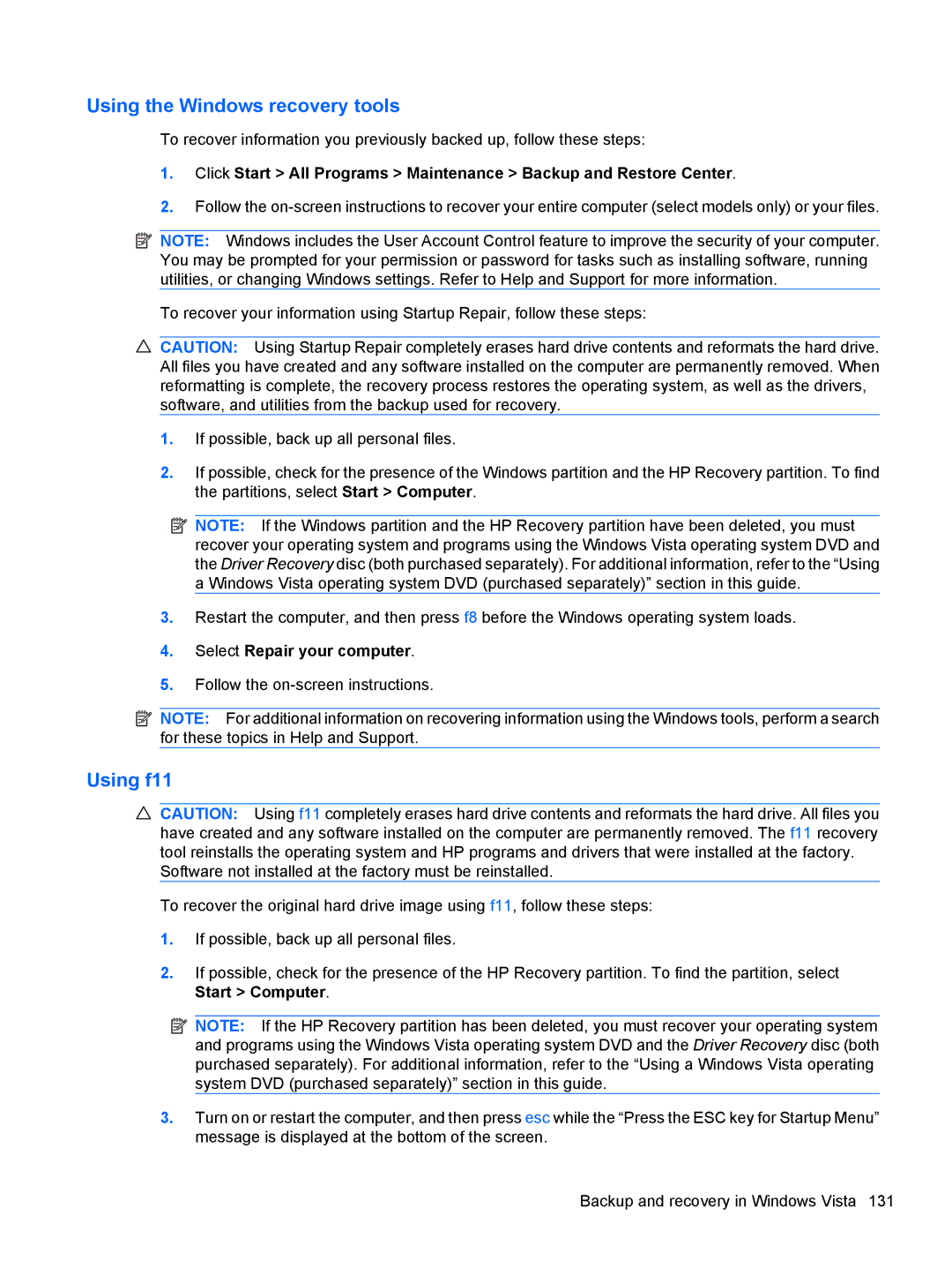 HP FN037UAABA, FN038UAABA manual Using the Windows recovery tools 