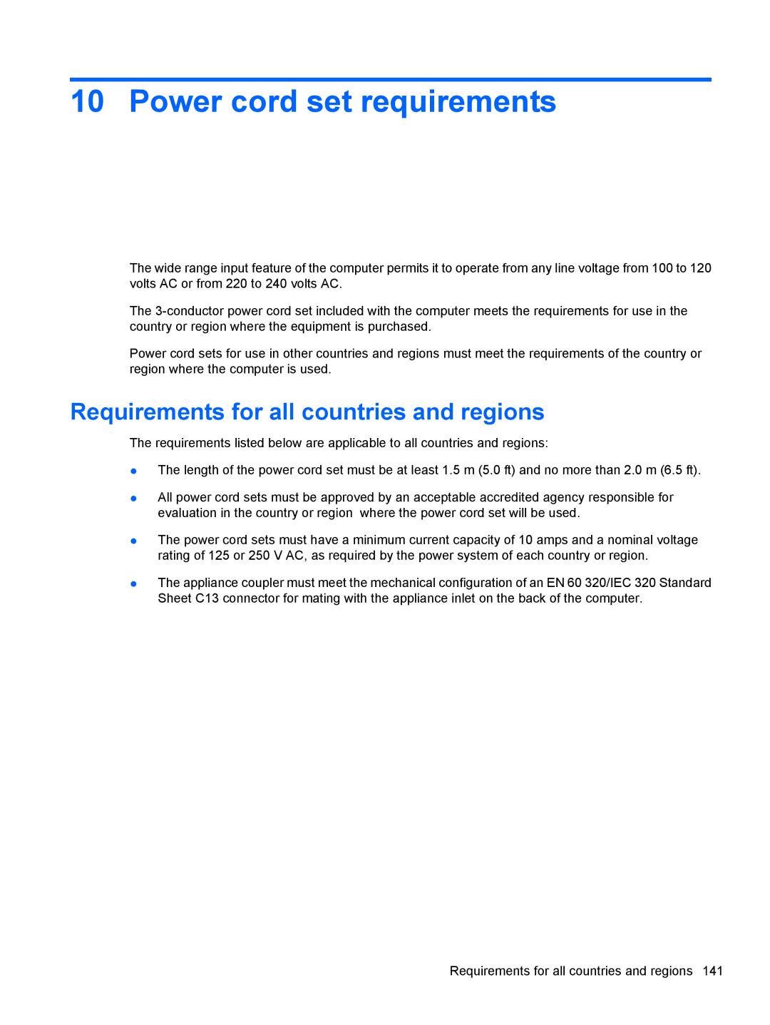 HP FN037UAABA, FN038UAABA manual Power cord set requirements, Requirements for all countries and regions 