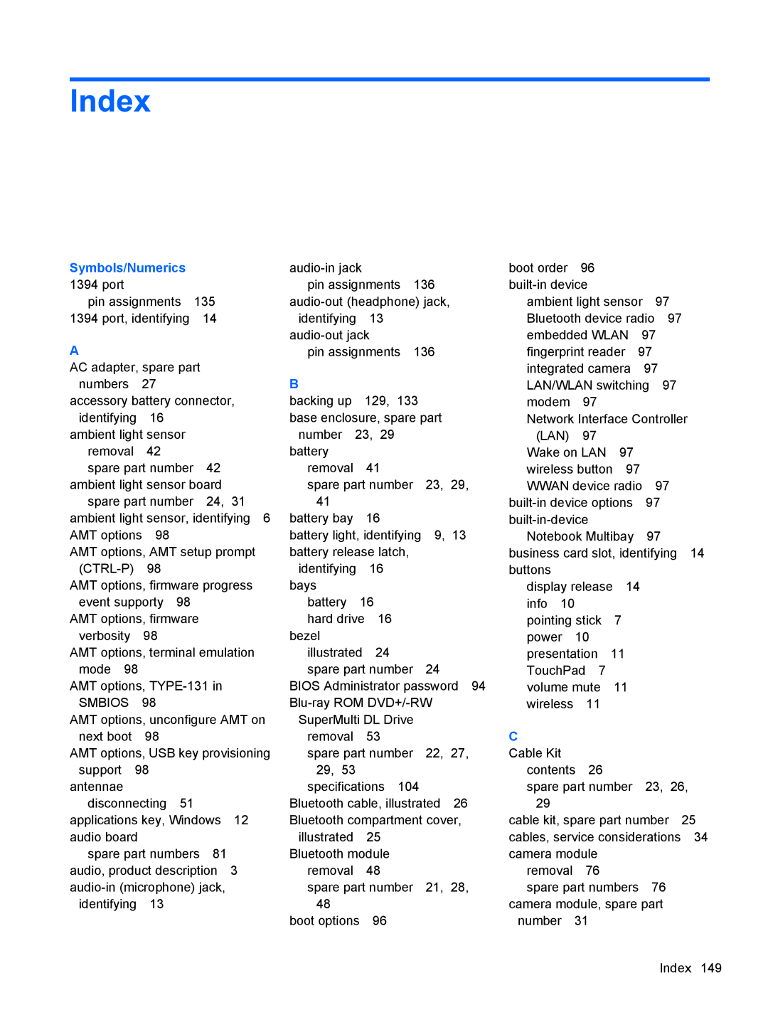 HP FN037UAABA, FN038UAABA manual Index, Symbols/Numerics 