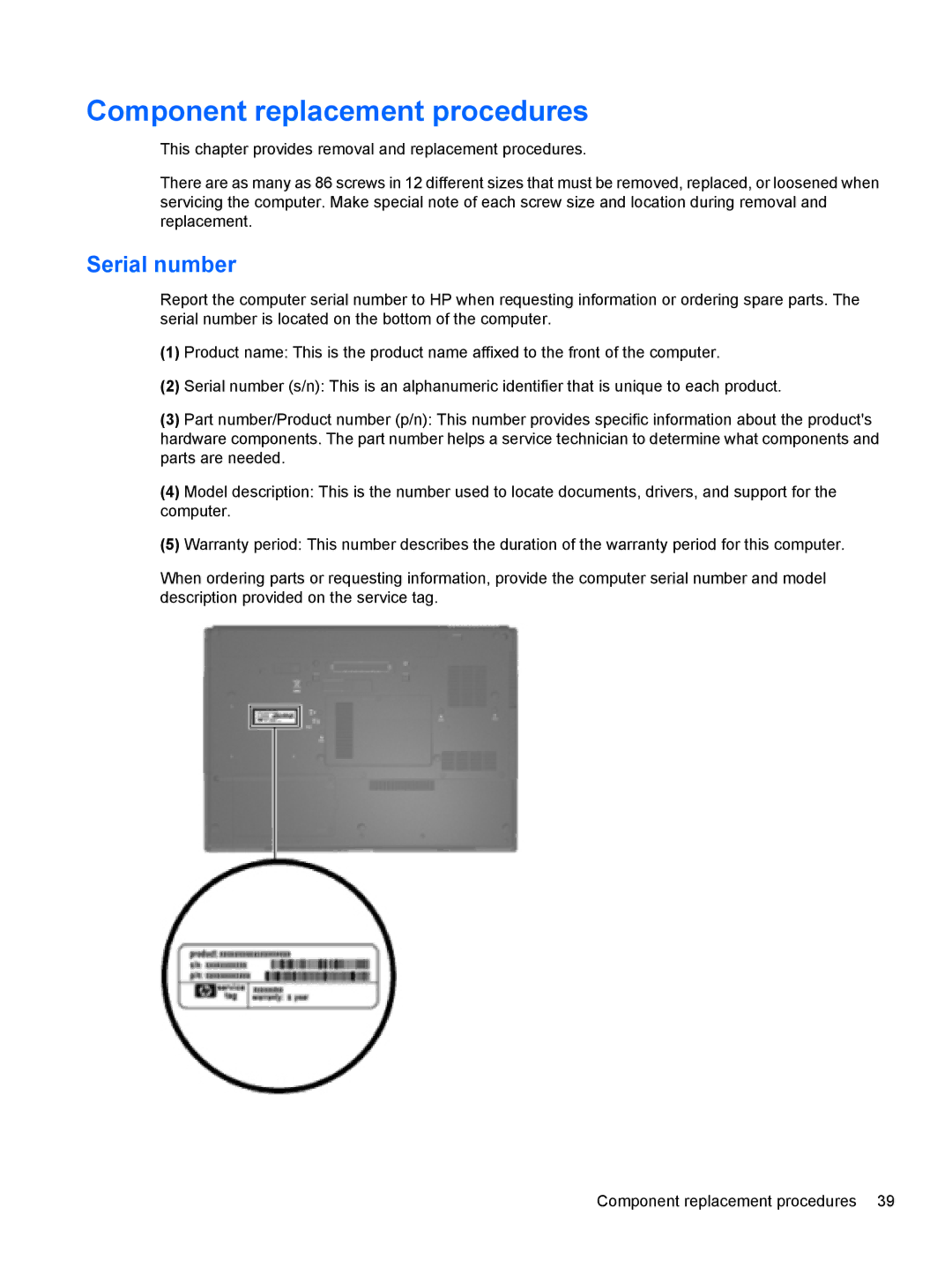 HP FN037UAABA, FN038UAABA manual Component replacement procedures, Serial number 