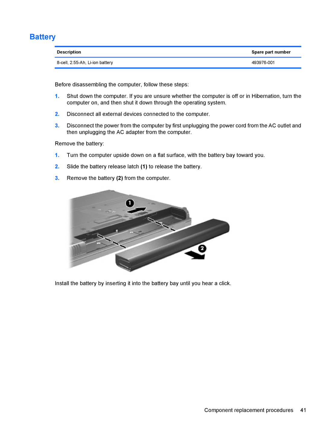 HP FN037UAABA, FN038UAABA manual Battery, Description Spare part number 