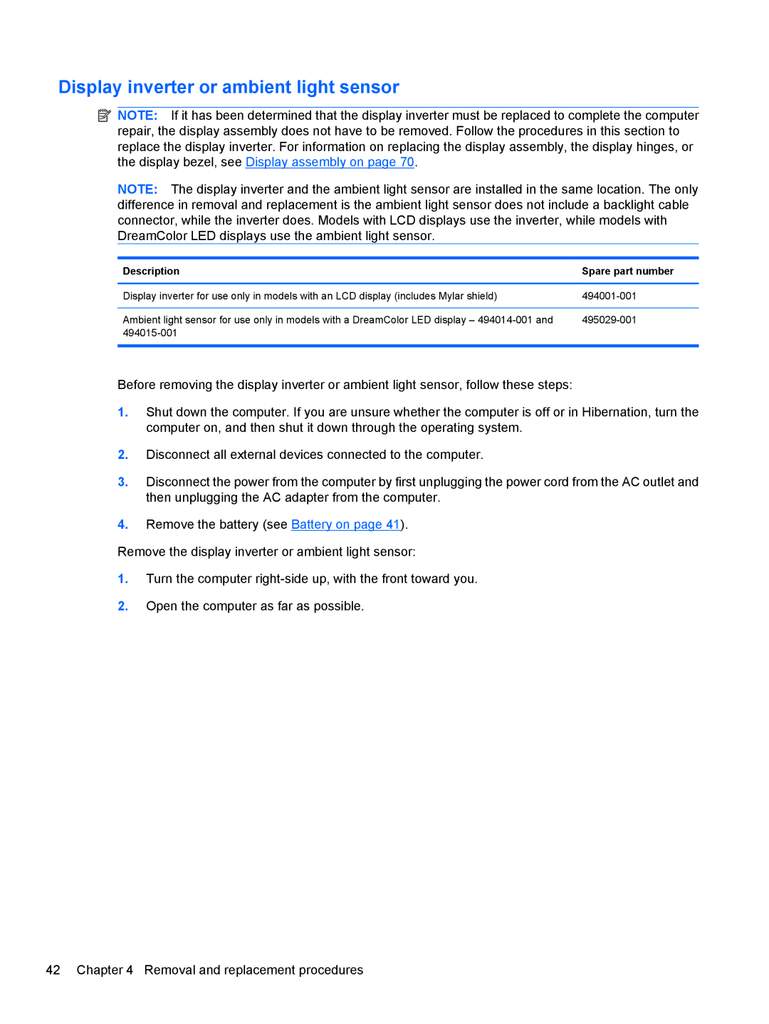 HP FN038UAABA, FN037UAABA manual Display inverter or ambient light sensor 