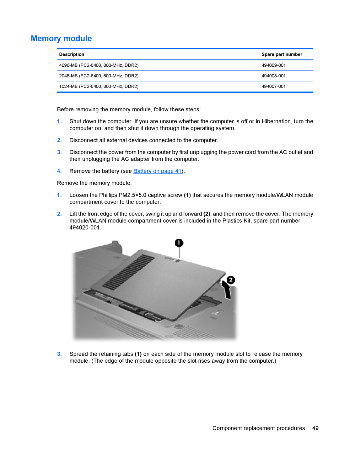 HP FN037UAABA, FN038UAABA manual Memory module, Description Spare part number 