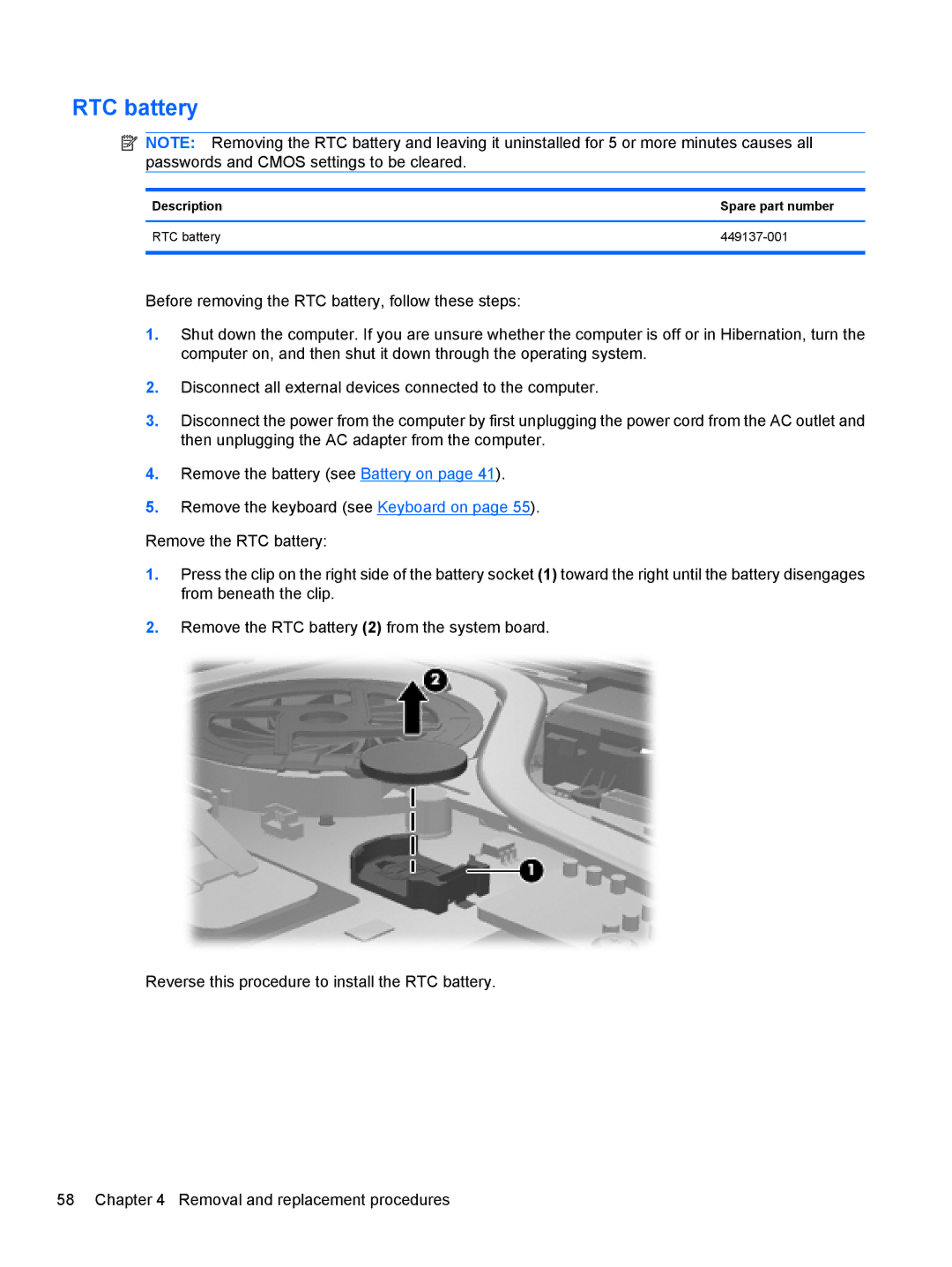 HP FN038UAABA, FN037UAABA manual Description Spare part number RTC battery 449137-001 