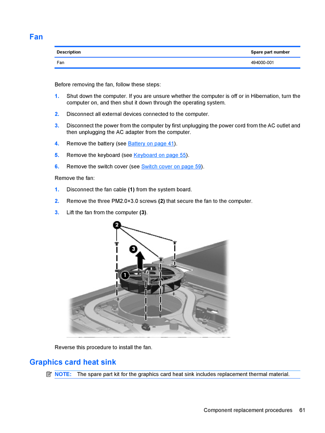 HP FN037UAABA, FN038UAABA manual Graphics card heat sink, Description Spare part number Fan 494000-001 
