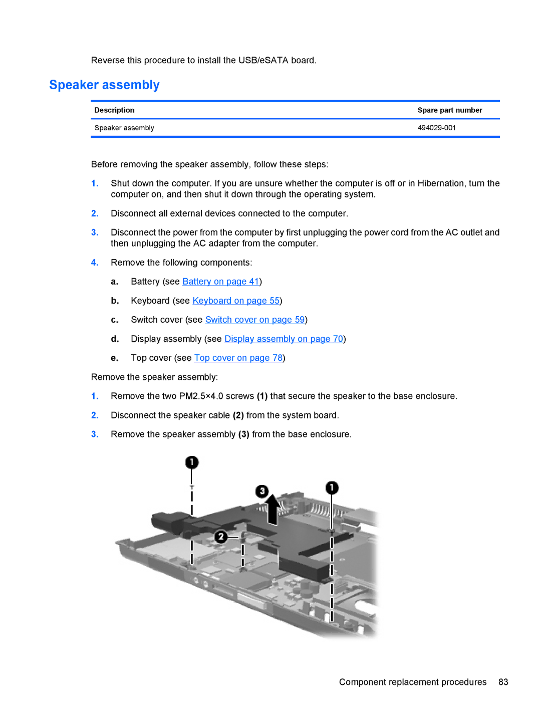 HP FN037UAABA, FN038UAABA manual Description Spare part number Speaker assembly 494029-001 