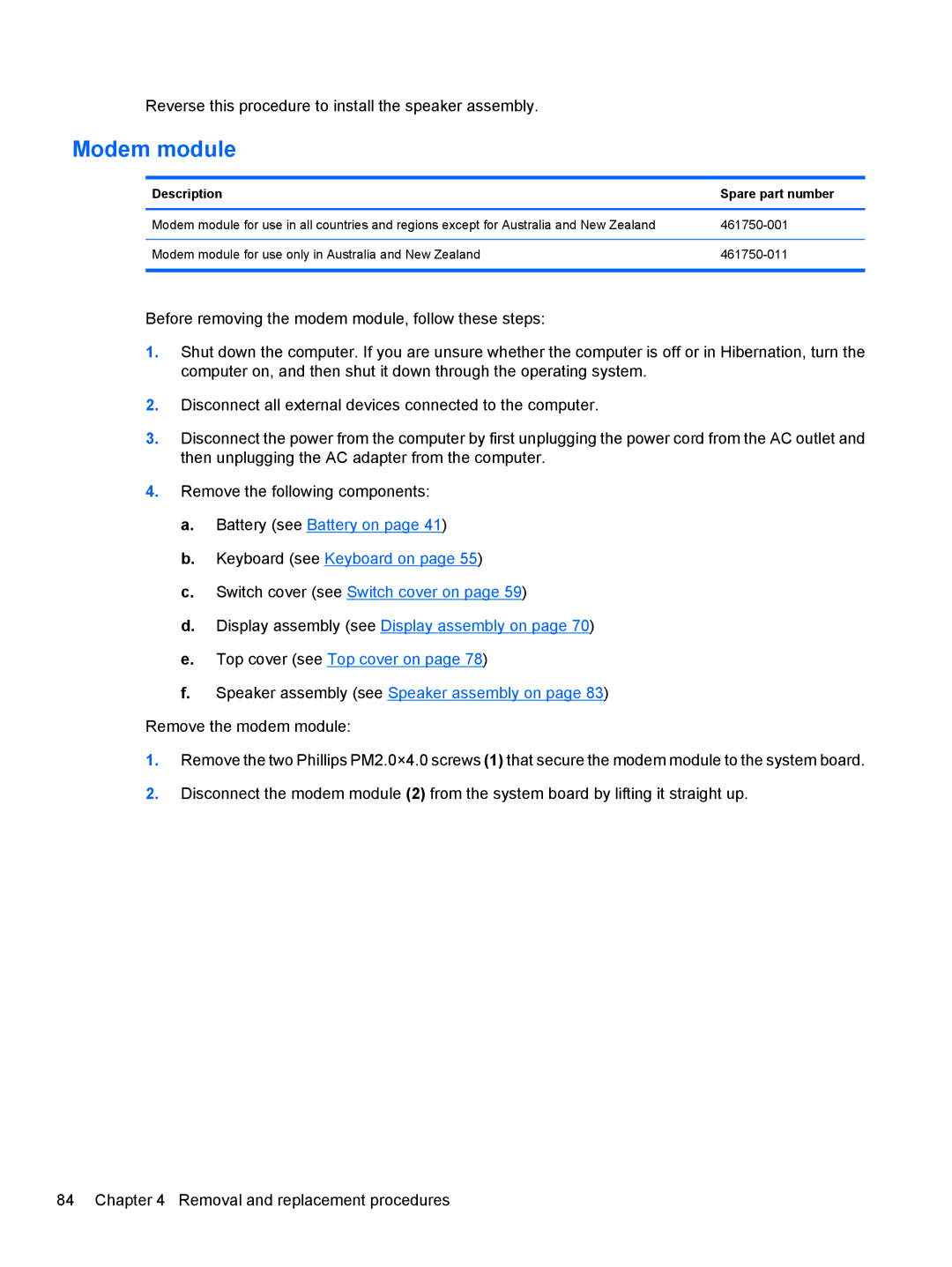 HP FN038UAABA, FN037UAABA manual Modem module, Description Spare part number 