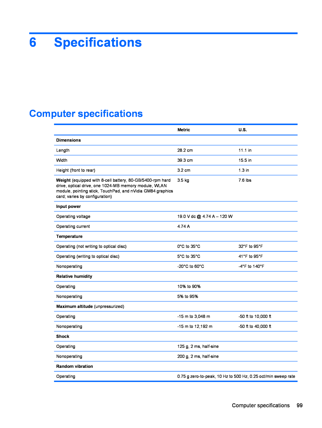 HP FN037UAABA, FN038UAABA manual Specifications, Computer specifications 