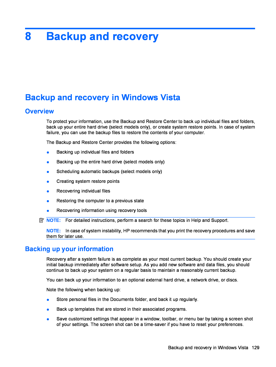 HP FN037UAABA, FN038UAABA manual Backup and recovery in Windows Vista, Overview, Backing up your information 