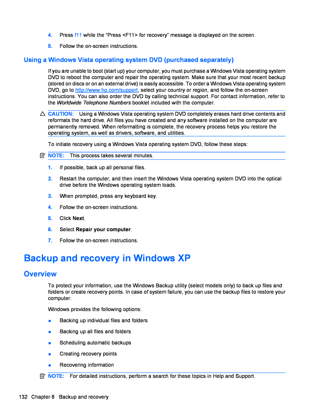 HP FN038UAABA Backup and recovery in Windows XP, Using a Windows Vista operating system DVD purchased separately, Overview 