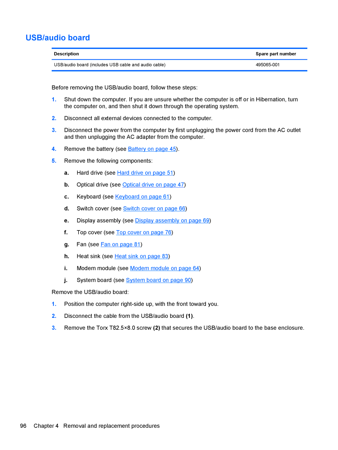 HP FN041UAABA manual USB/audio board 