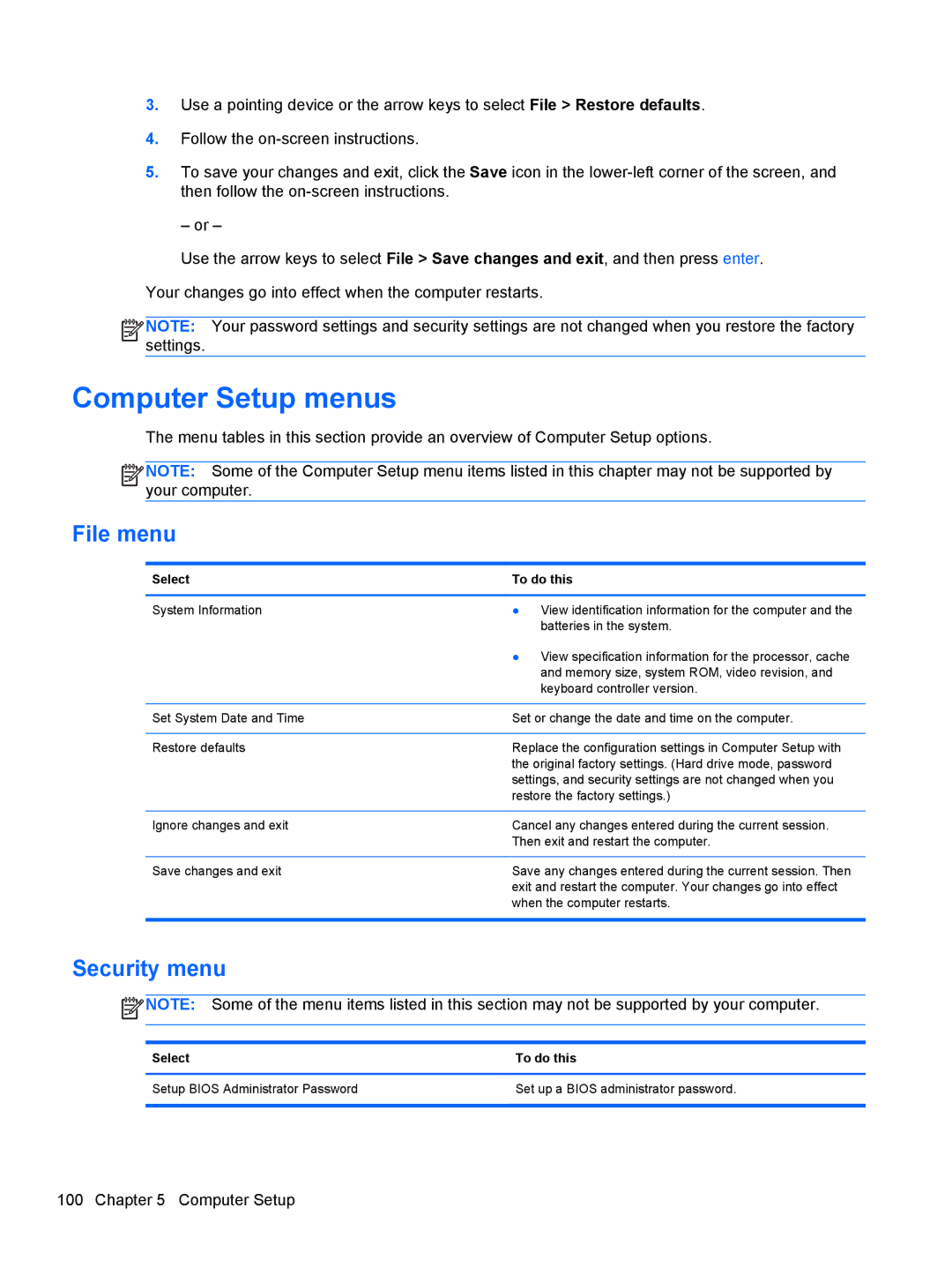 HP FN041UAABA manual Computer Setup menus, File menu, Security menu, Select To do this 