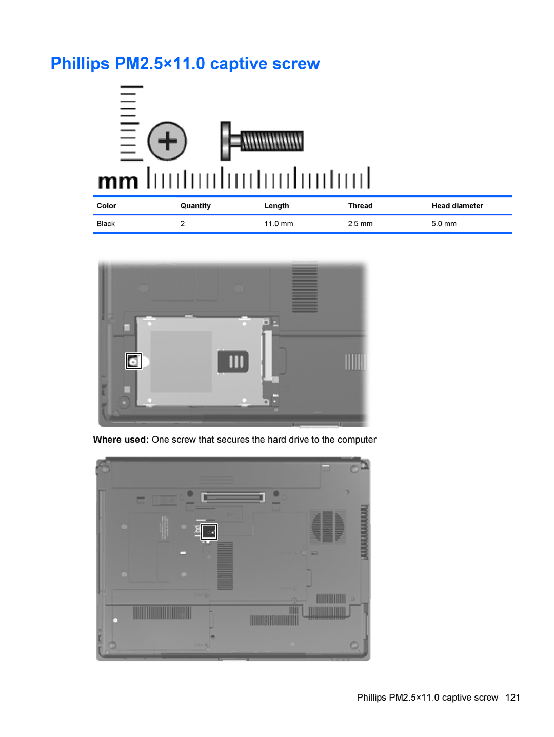 HP FN041UAABA manual Phillips PM2.5×11.0 captive screw, Color Quantity Length Thread Head diameter Black 11.0 mm 