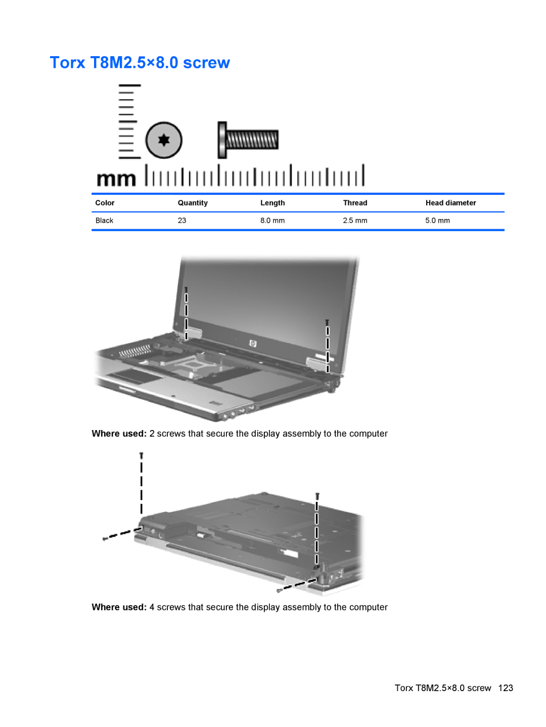 HP FN041UAABA manual Torx T8M2.5×8.0 screw, Color Quantity Length Thread Head diameter Black 