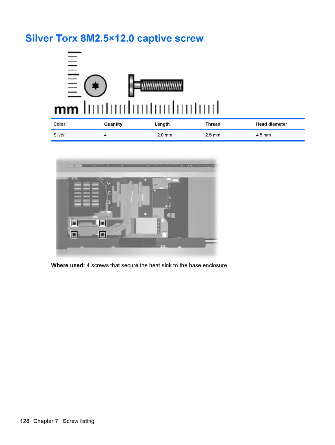 HP FN041UAABA manual Silver Torx 8M2.5×12.0 captive screw, Color Quantity Length Thread Head diameter Silver 12.0 mm 