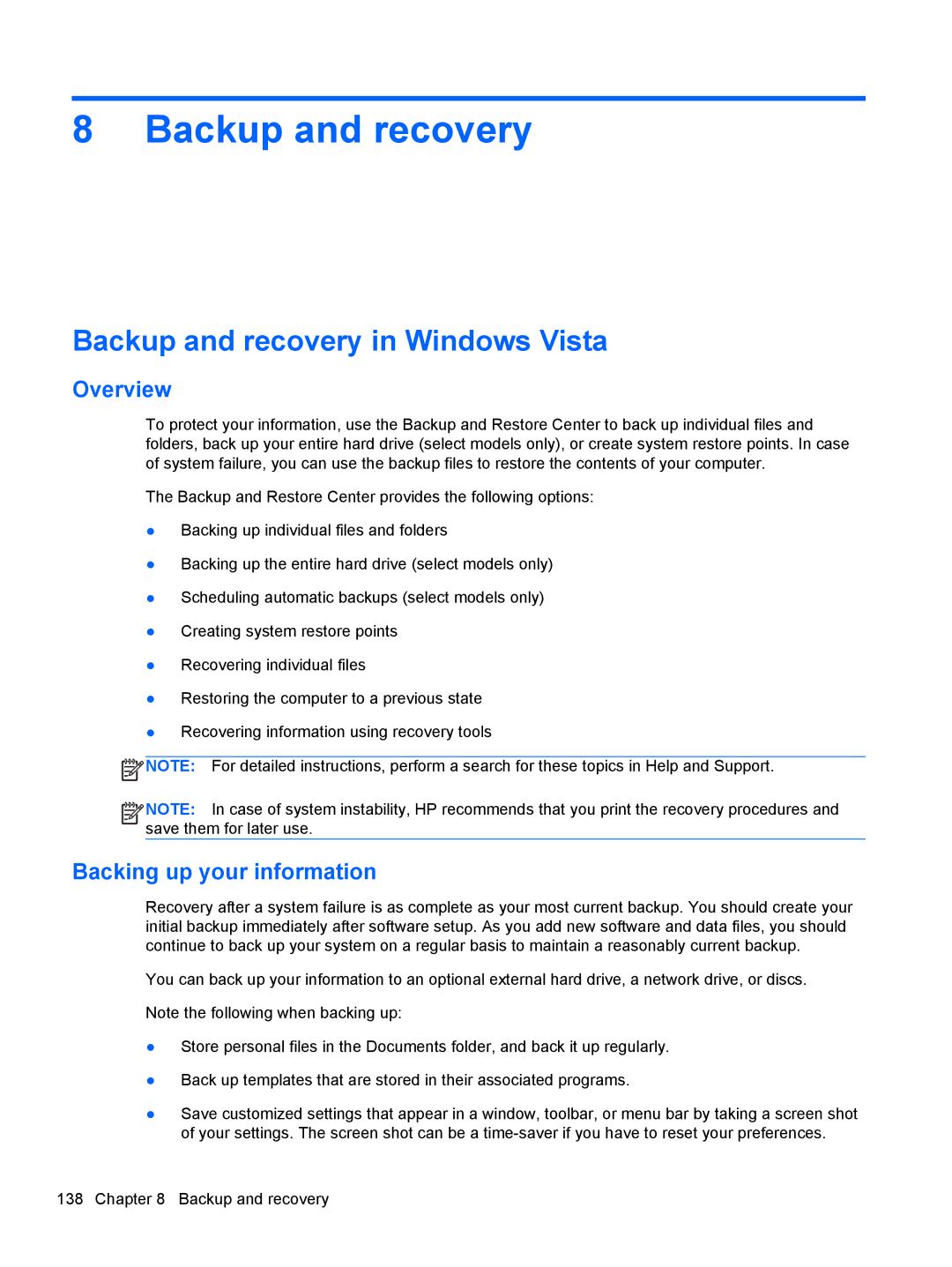 HP FN041UAABA manual Backup and recovery in Windows Vista, Overview, Backing up your information 