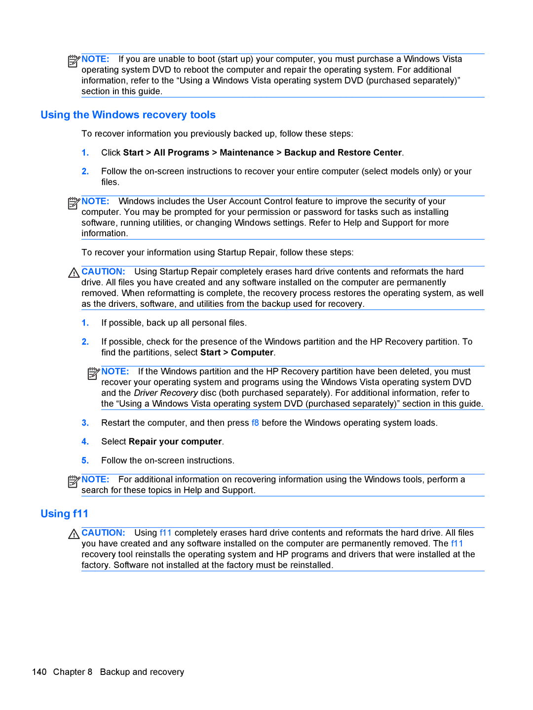 HP FN041UAABA manual Using the Windows recovery tools 