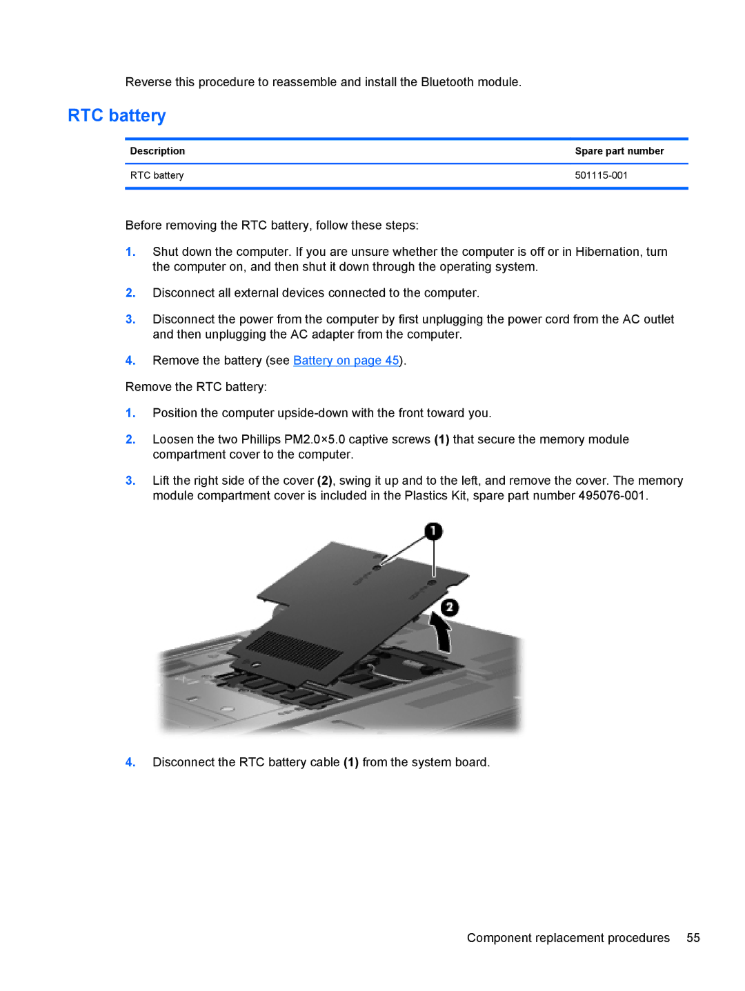 HP FN041UAABA manual Description Spare part number RTC battery 501115-001 