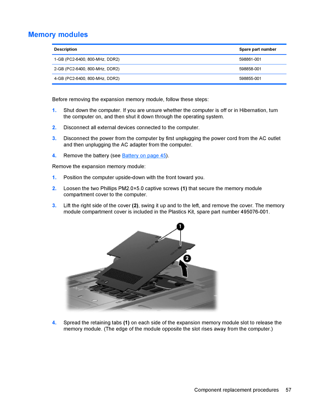 HP FN041UAABA manual Memory modules, Description Spare part number 