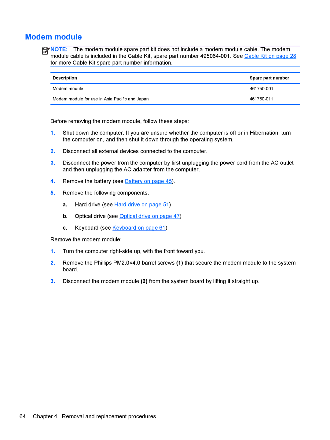 HP FN041UAABA manual Modem module, Description Spare part number 