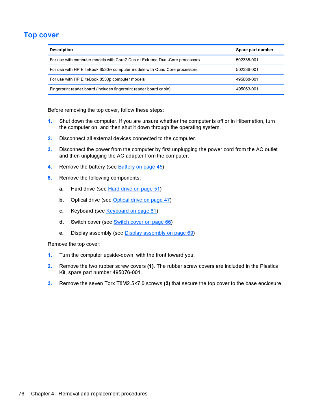 HP FN041UAABA manual Top cover, Description Spare part number 