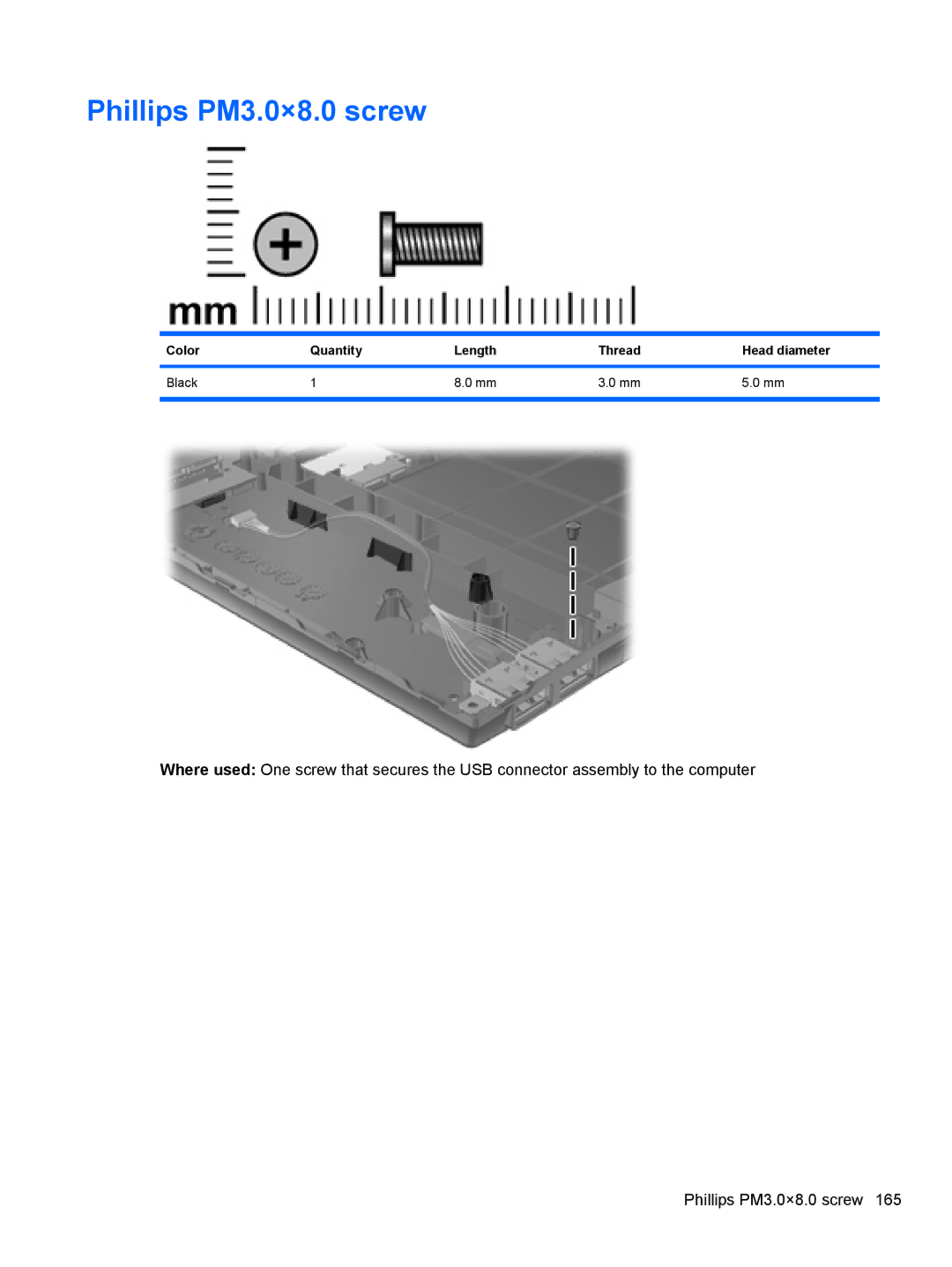 HP FN068UTABA, 4411S, 4410S manual Phillips PM3.0×8.0 screw, Color Quantity Length Thread Head diameter Black 