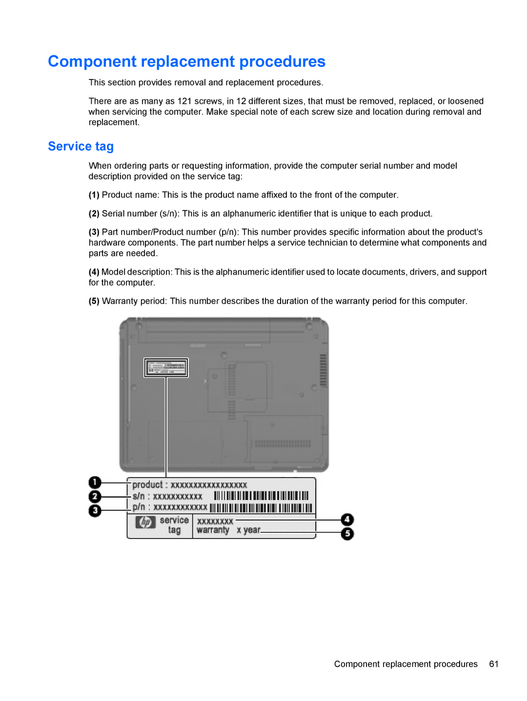 HP 4411S, FN068UTABA, 4410S manual Component replacement procedures, Service tag 