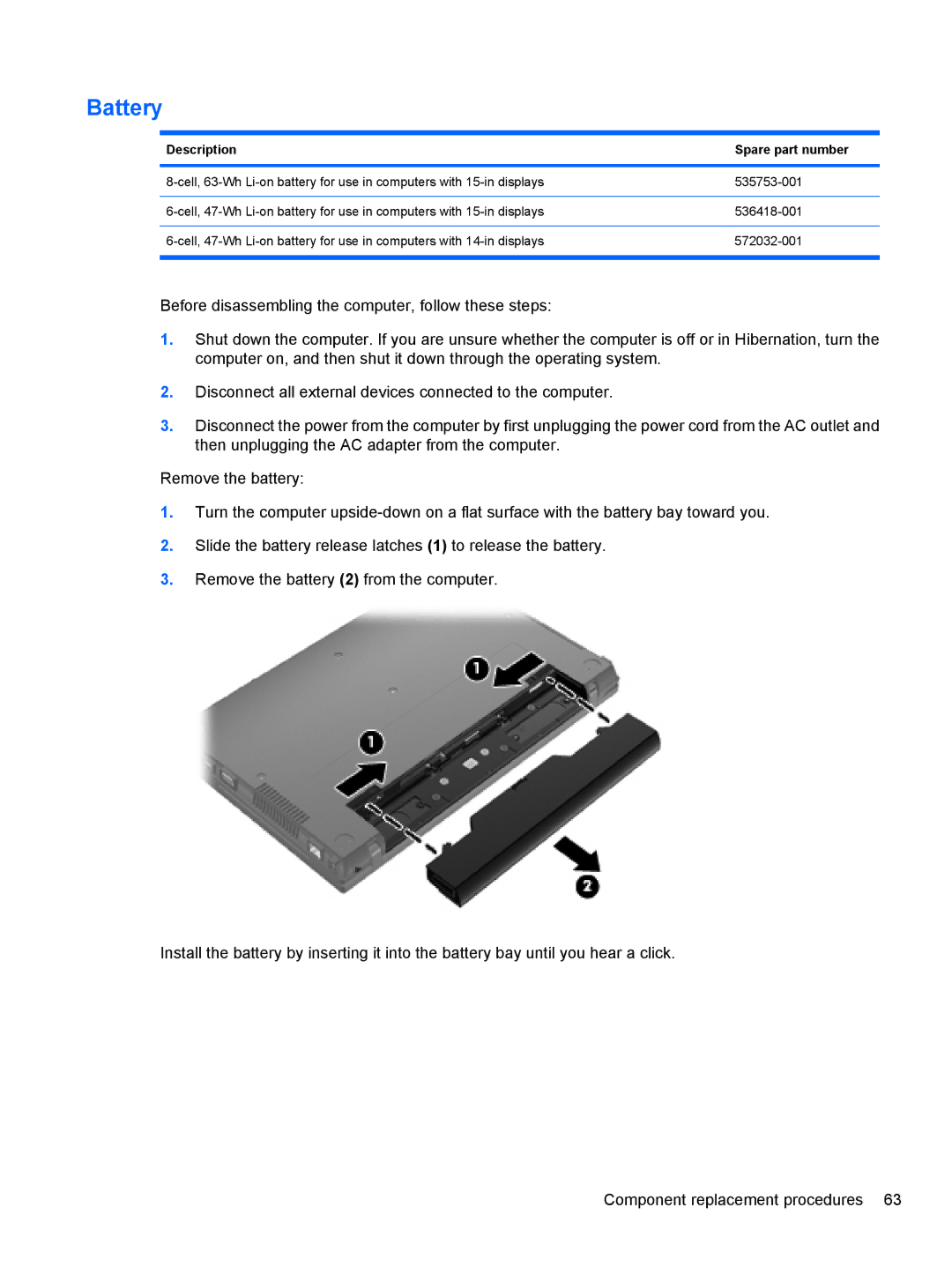 HP FN068UTABA, 4411S, 4410S manual Battery, Description Spare part number 