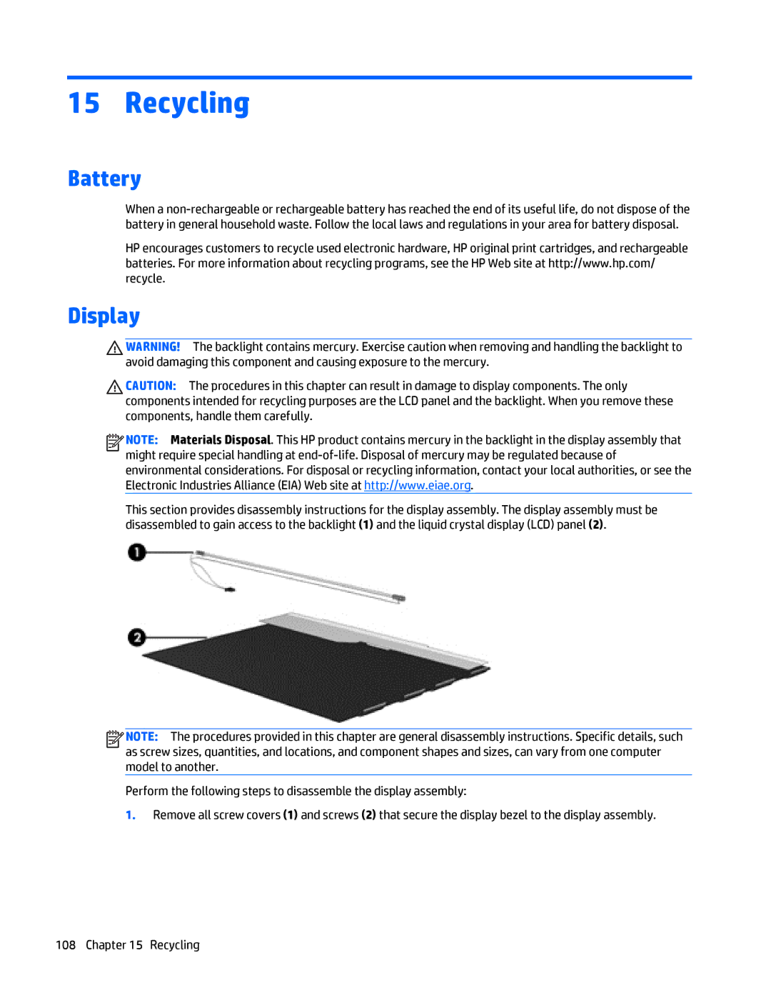 HP Folio 1040 G1 manual Recycling, Battery 