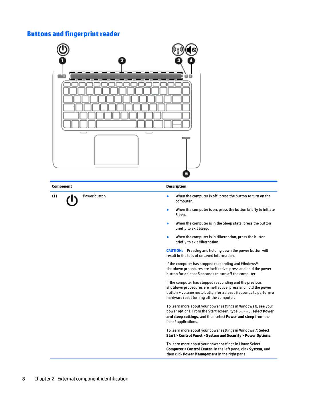 HP Folio 1040 G1 manual Buttons and fingerprint reader, Start Control Panel System and Security Power Options 