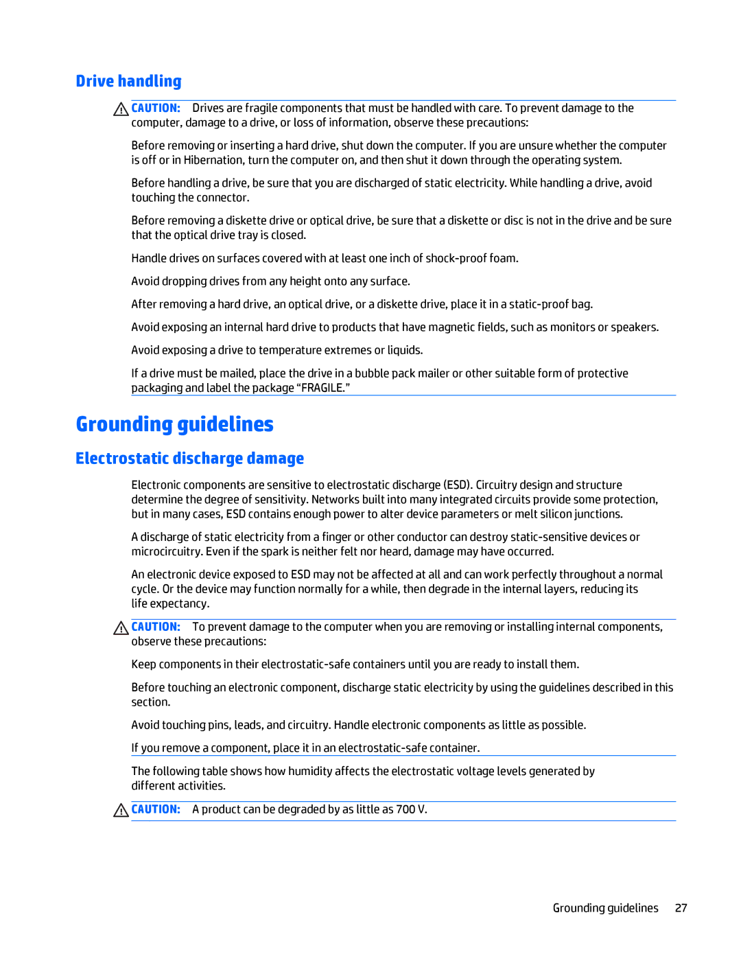 HP Folio 1040 G1 manual Grounding guidelines, Drive handling, Electrostatic discharge damage 