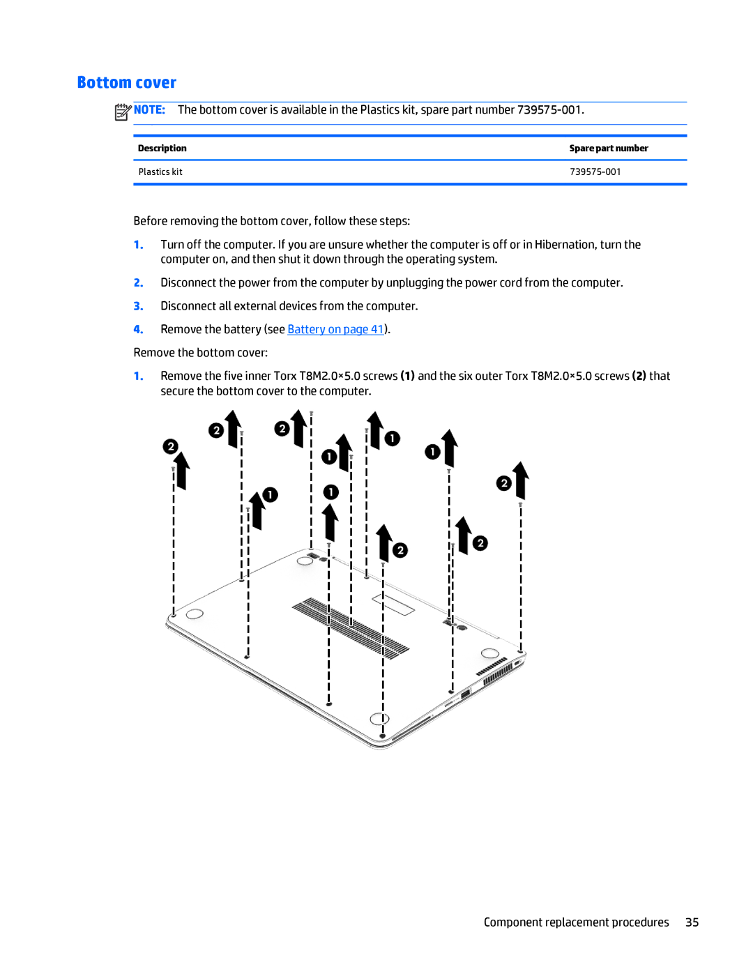 HP Folio 1040 G1 manual Bottom cover, Description Spare part number Plastics kit 739575-001 