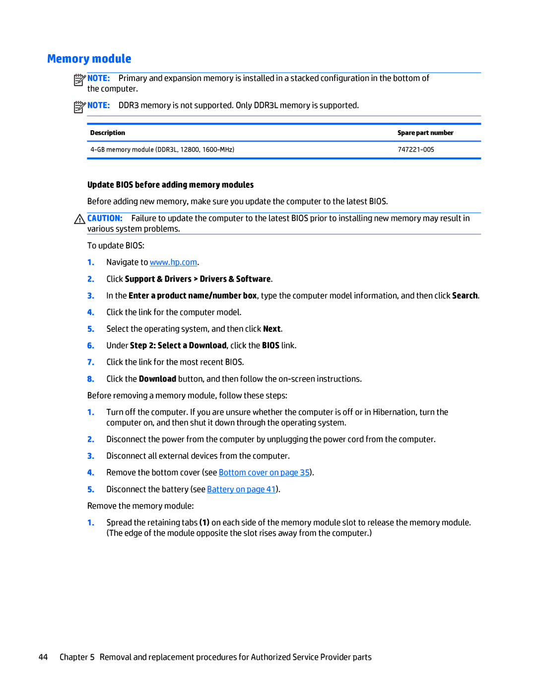 HP Folio 1040 G1 manual Memory module, Update Bios before adding memory modules 