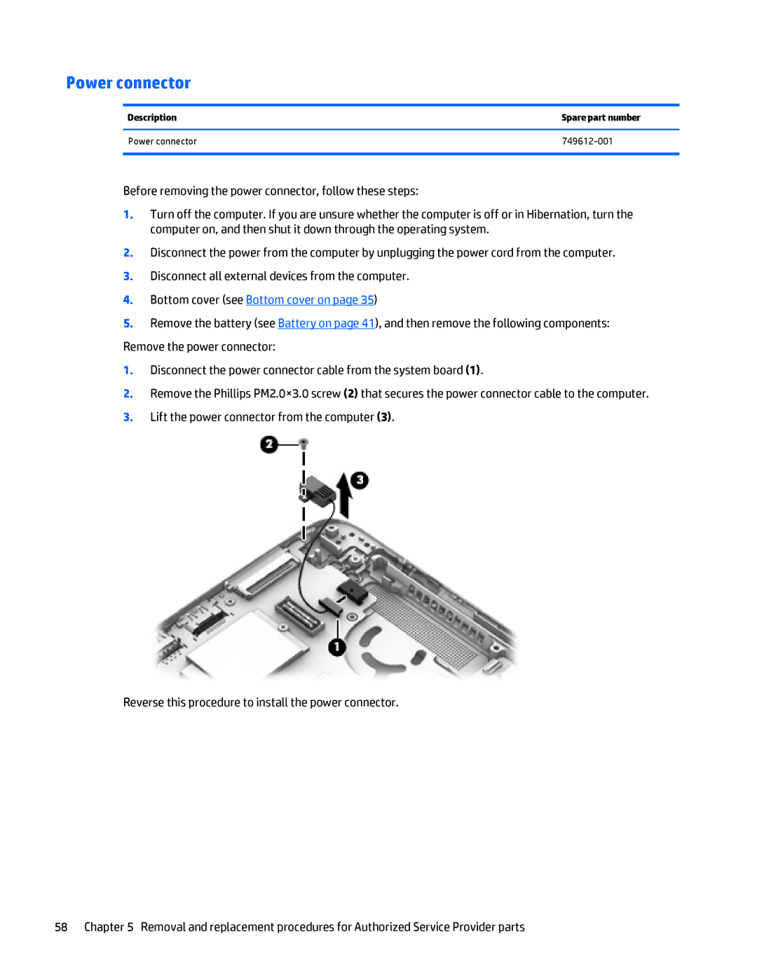 HP Folio 1040 G1 manual Description Spare part number Power connector 749612-001 